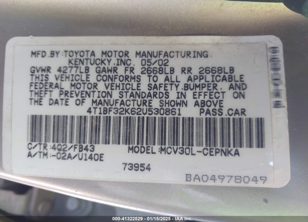 2002 TOYOTA CAMRY LE V6 VIN: 4T1BF32K62U530861