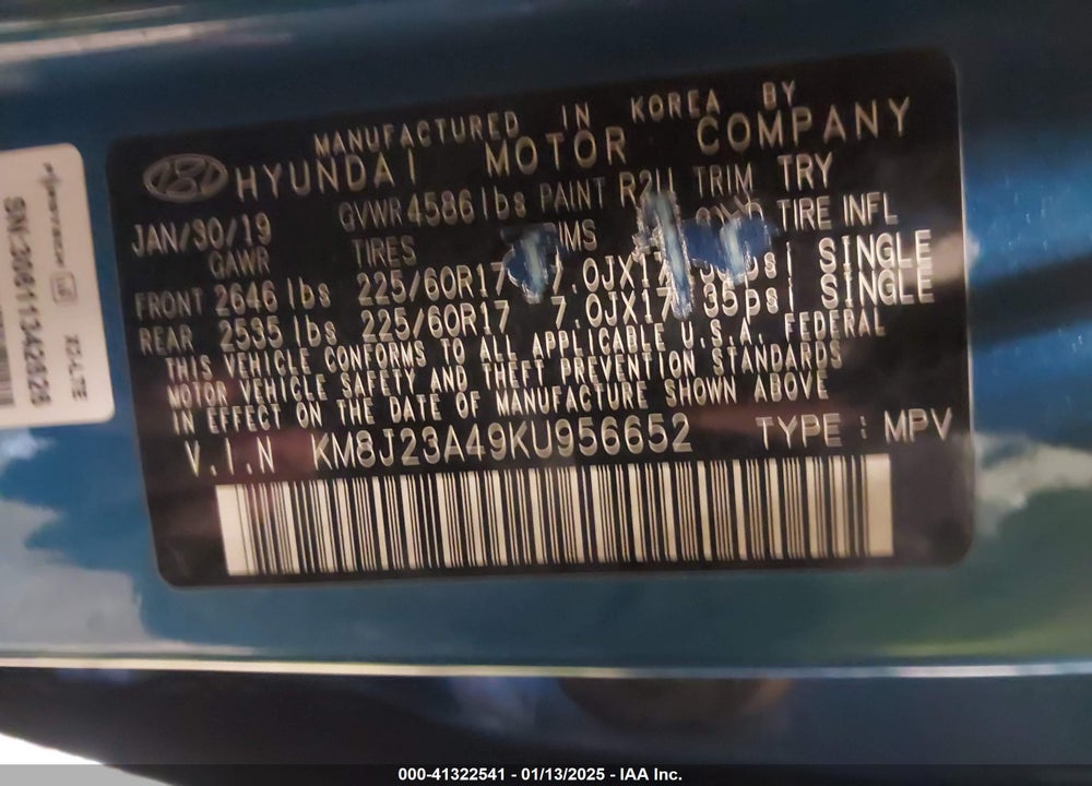 2019 HYUNDAI TUCSON SE VIN: KM8J23A49KU956652