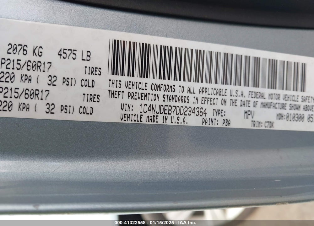 2013 JEEP COMPASS LATITUDE VIN: 1C4NJDEB7DD234364