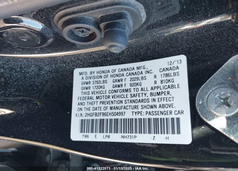 2014 HONDA CIVIC VIN: 2HGFB2F96EH504997