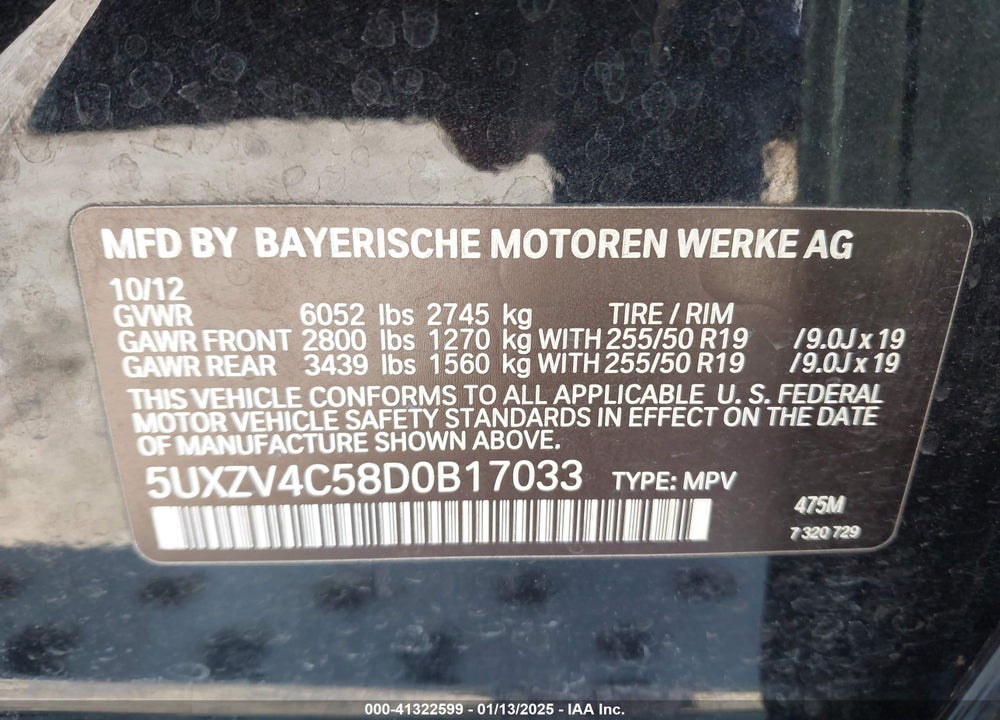 2013 BMW X5 XDRIVE35I/XDRIVE35I PREMIUM/XDRIVE35I SPORT ACTIVITY VIN: 5UXZV4C58D0B17033