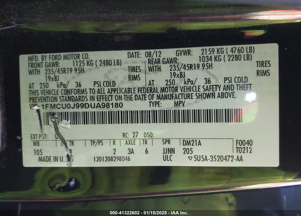 2013 FORD ESCAPE TITANIUM VIN: 1FMCU0J99DUA98180