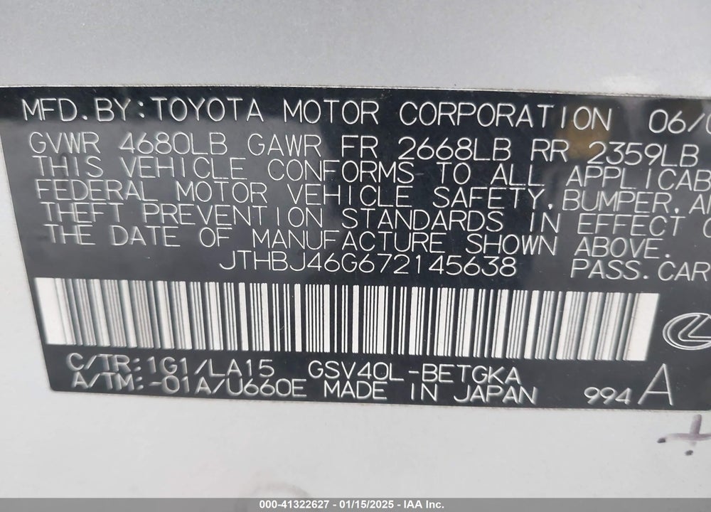 2007 LEXUS ES 350 VIN: JTHBJ46G672145638