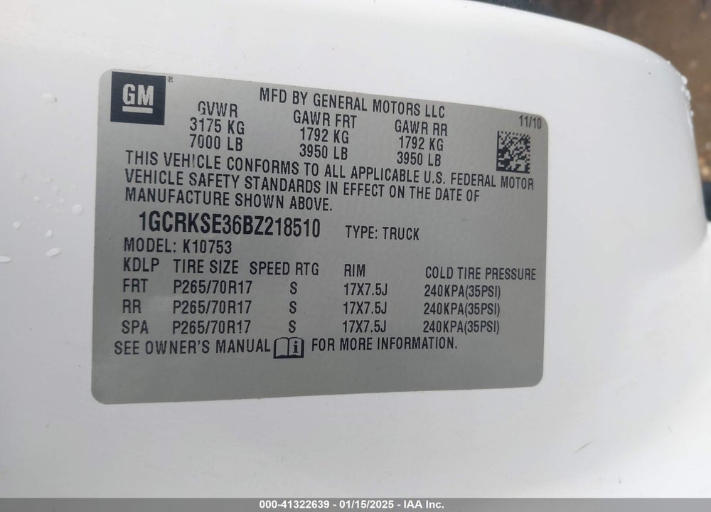 2011 CHEVROLET SILVERADO 1500 VIN: 1GCRKSE36BZ218510