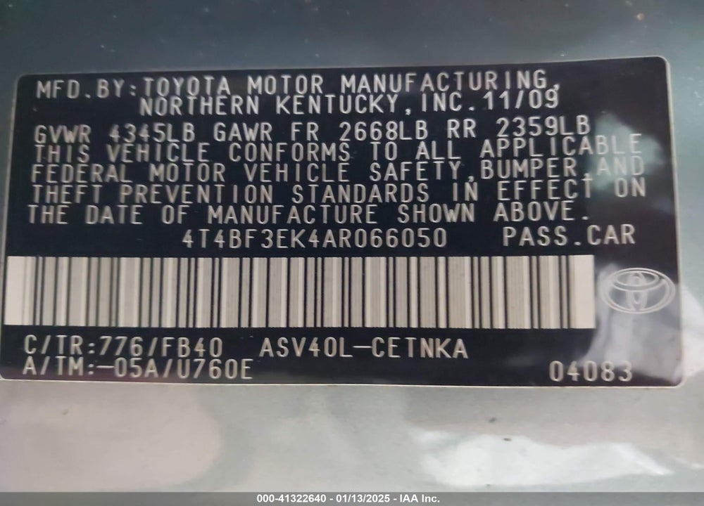 2010 TOYOTA CAMRY VIN: 4T4BF3EK4AR066050