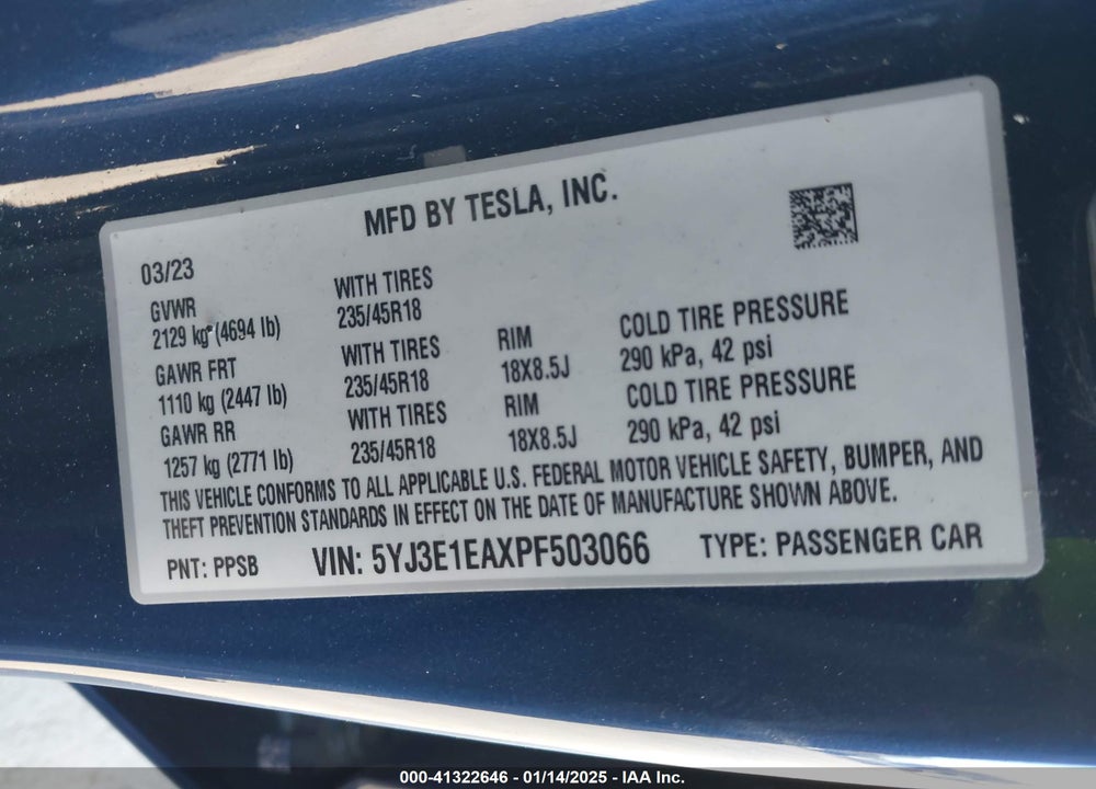 2023 TESLA MODEL 3 VIN: 5YJ3E1EAXPF503066