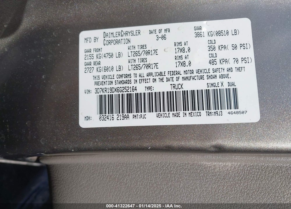 2006 DODGE RAM 1500 VIN: 3D7KR19DX6G252164
