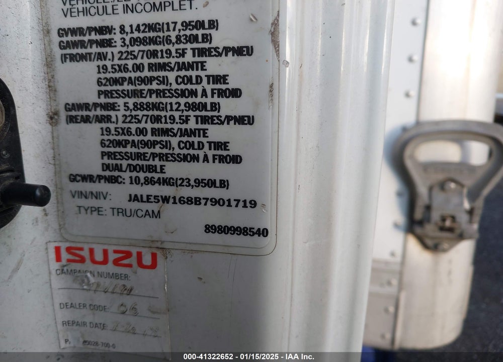 2011 ISUZU DSL REG VIN: JALE5W168B7901719