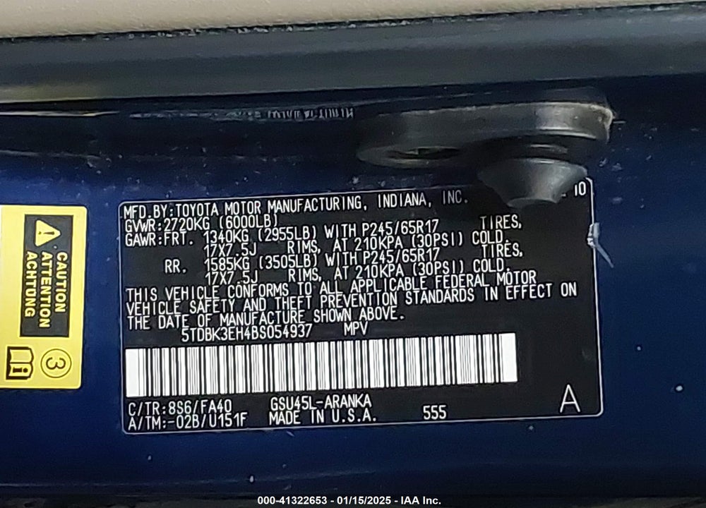 2011 TOYOTA HIGHLANDER VIN: 5TDBK3EH4BS054937