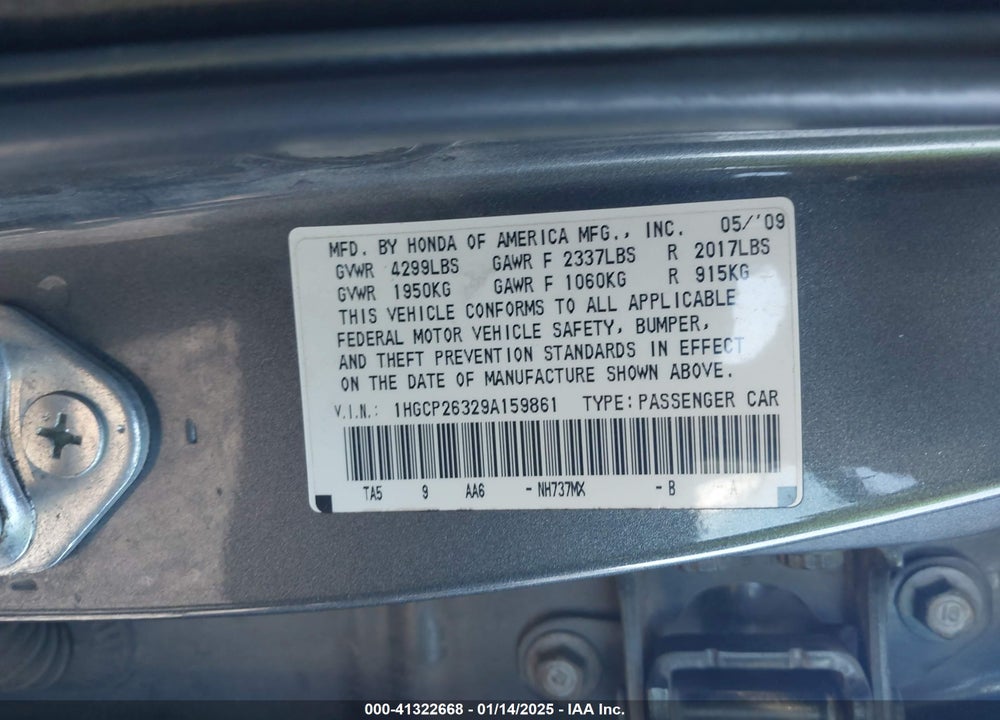 2009 HONDA ACCORD 2.4 LX VIN: 1HGCP26329A159861