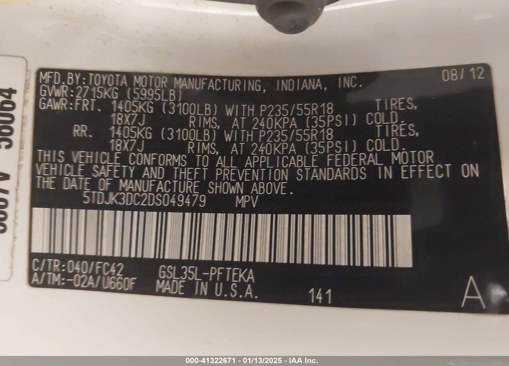 2013 TOYOTA SIENNA LE 7 PASSENGER VIN: 5TDJK3DC2DS049479