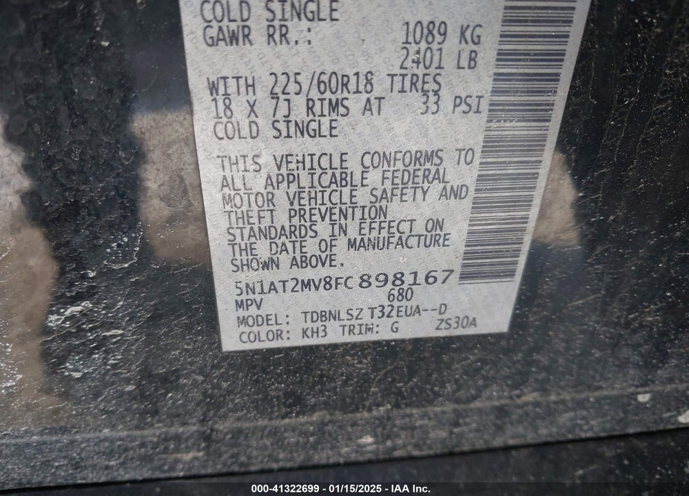 2015 NISSAN ROGUE SL VIN: 5N1AT2MV8FC898167