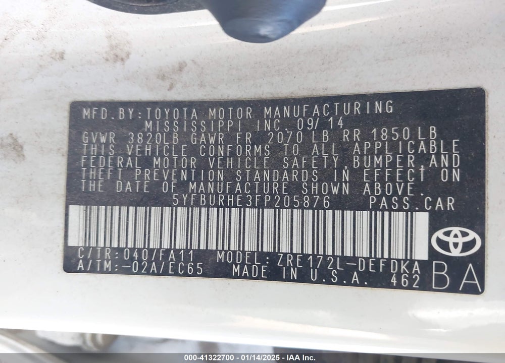 2015 TOYOTA COROLLA L VIN: 5YFBURHE3FP205876