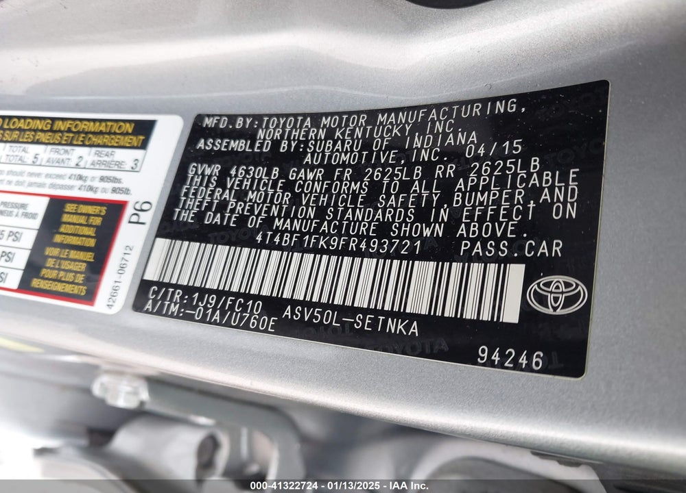 2015 TOYOTA CAMRY VIN: 4T4BF1FK9FR493721