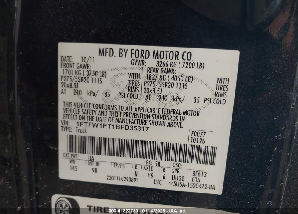 2011 FORD F-150 PLATINUM VIN: 1FTFW1ET1BFD35317