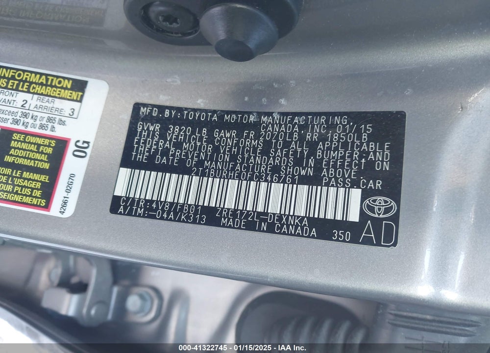 2015 TOYOTA COROLLA LE VIN: 2T1BURHE0FC346761