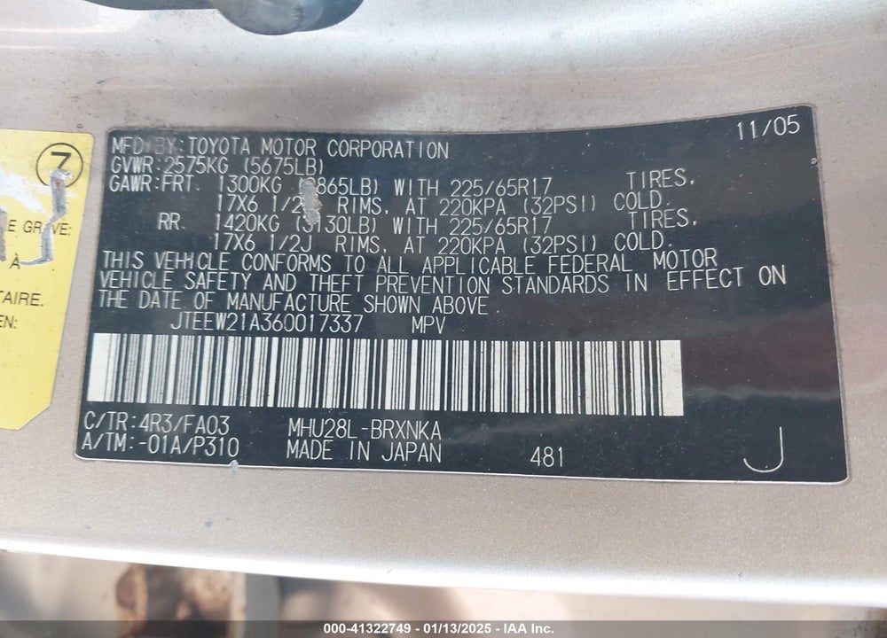 2006 TOYOTA HIGHLANDER HYBRID V6 VIN: JTEEW21A360017337