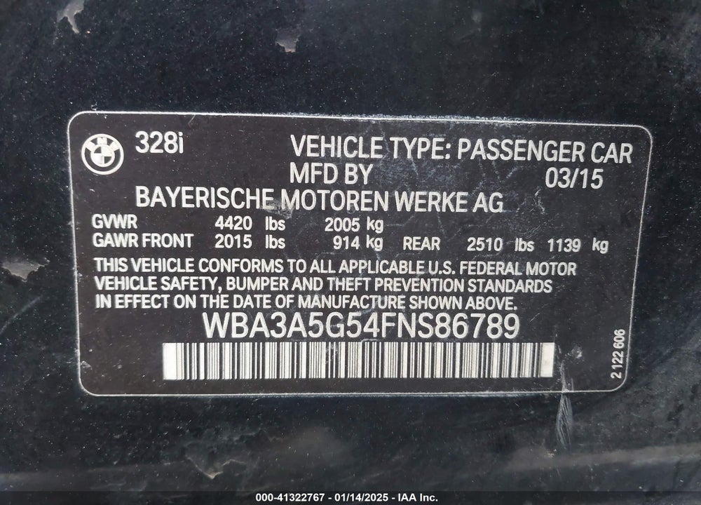 2015 BMW 328 VIN: WBA3A5G54FNS86789