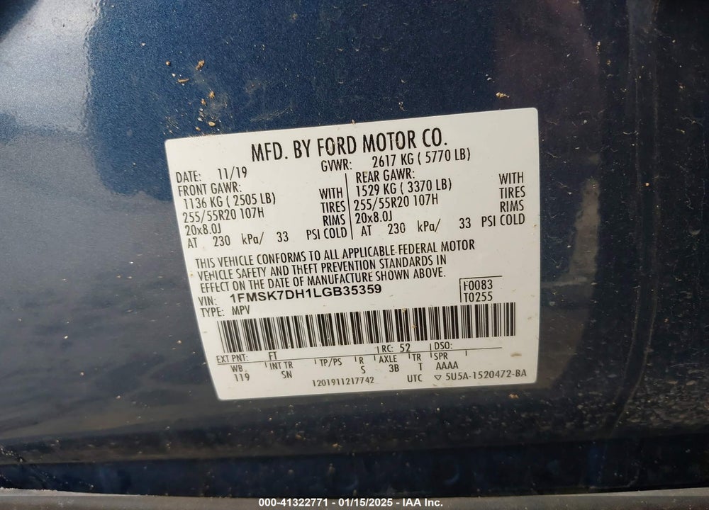 2020 FORD EXPLORER XLT VIN: 1FMSK7DH1LGB35359