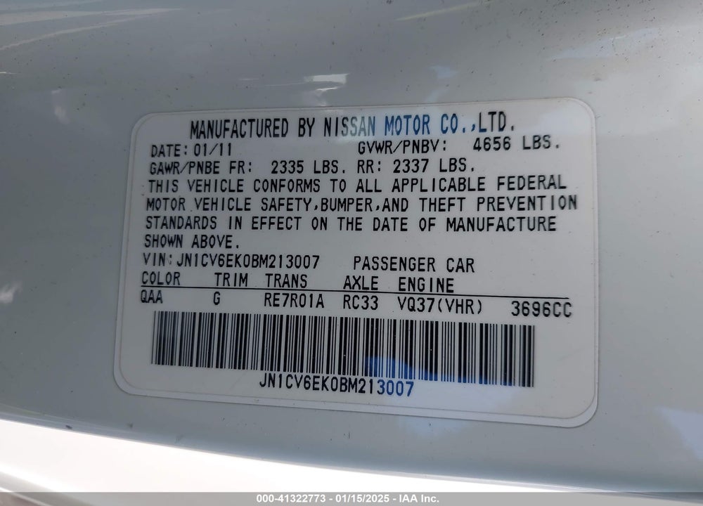 2011 INFINITI G37 JOURNEY VIN: JN1CV6EK0BM213007