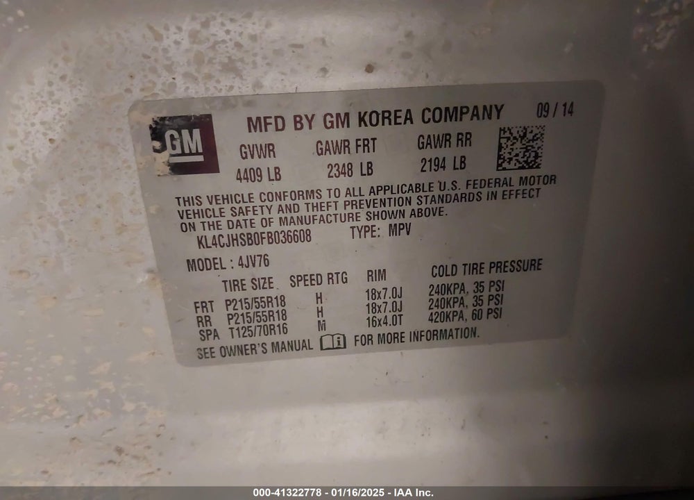 2015 BUICK ENCORE PREMIUM VIN: KL4CJHSB0FB036608