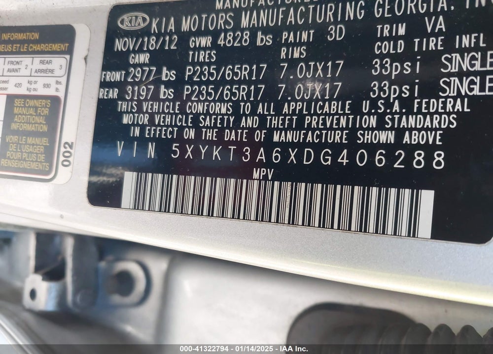 2013 KIA SORENTO LX VIN: 5XYKT3A6XDG406288