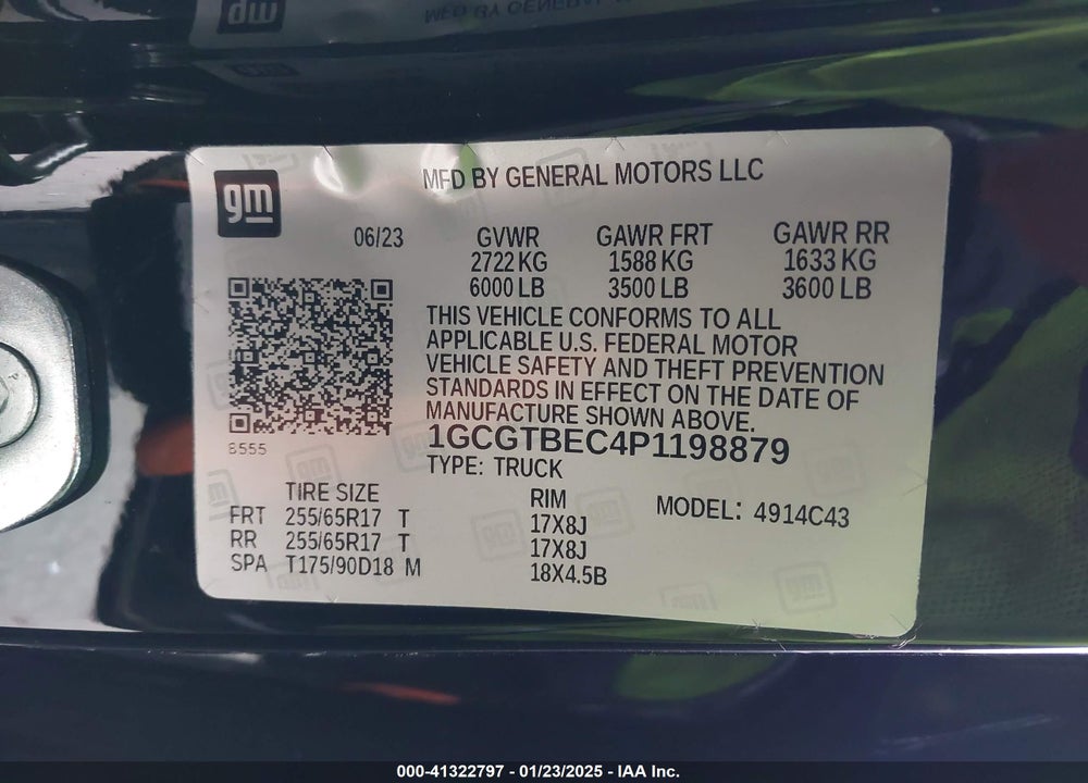2023 CHEVROLET COLORADO 4WD SHORT BOX WT VIN: 1GCGTBEC4P1198879