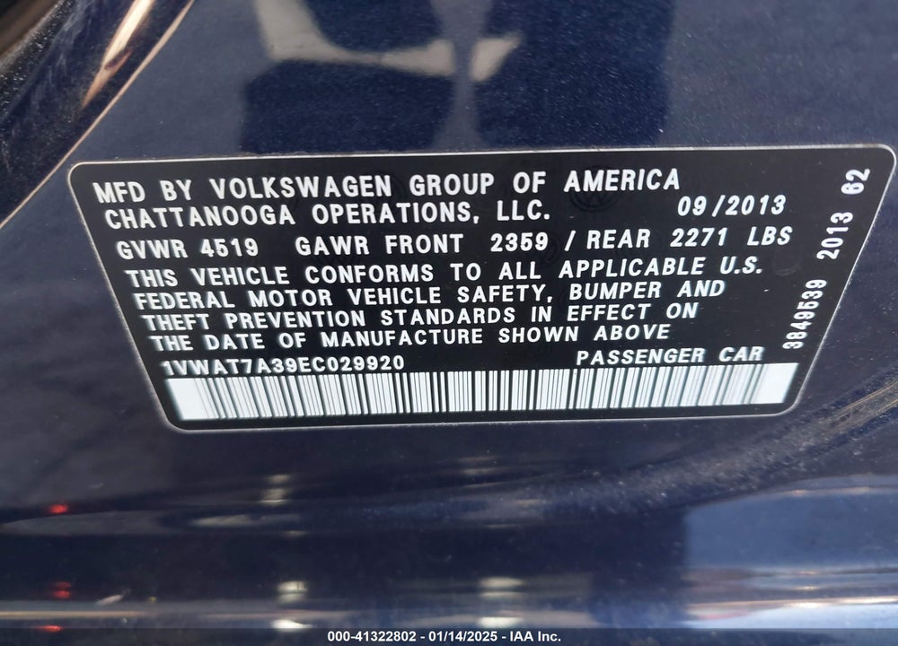 2014 VOLKSWAGEN PASSAT 1.8T WOLFSBURG EDITION VIN: 1VWAT7A39EC029920