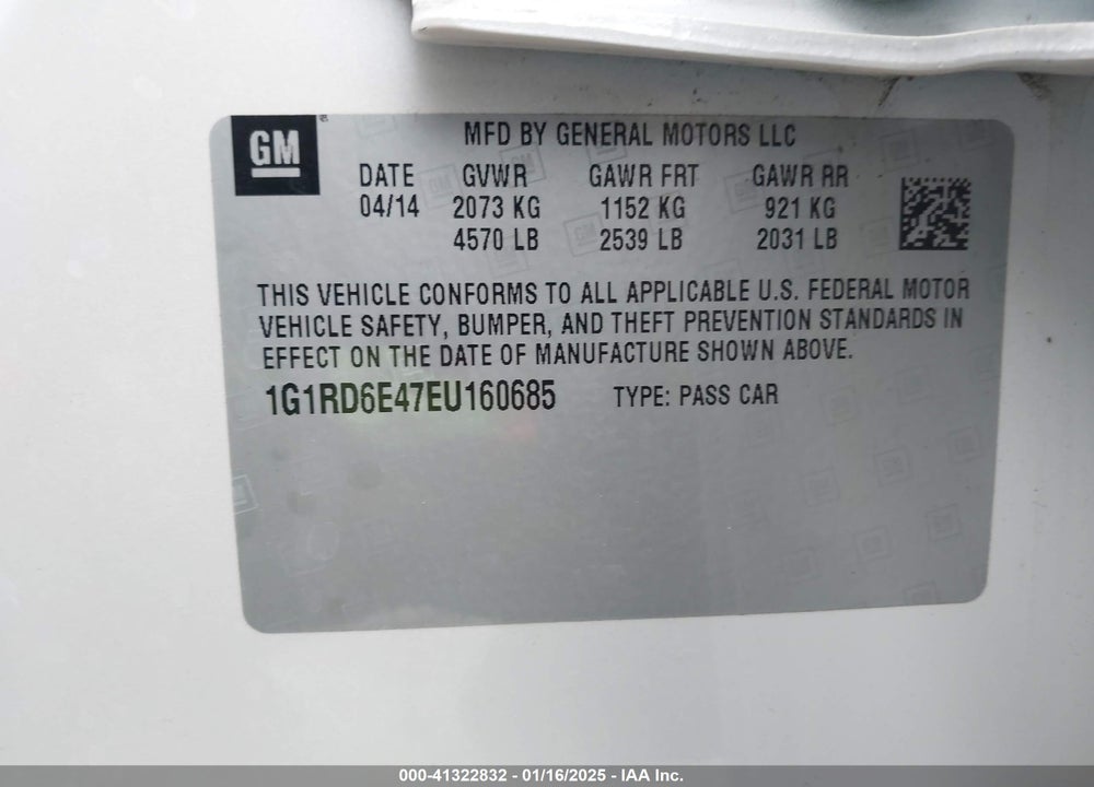 2014 CHEVROLET VOLT VIN: 1G1RD6E47EU160685