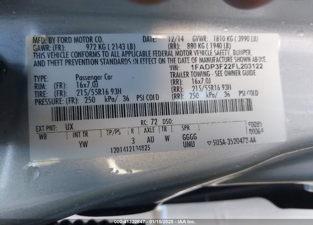 2015 FORD FOCUS VIN: 1FADP3F22FL203122