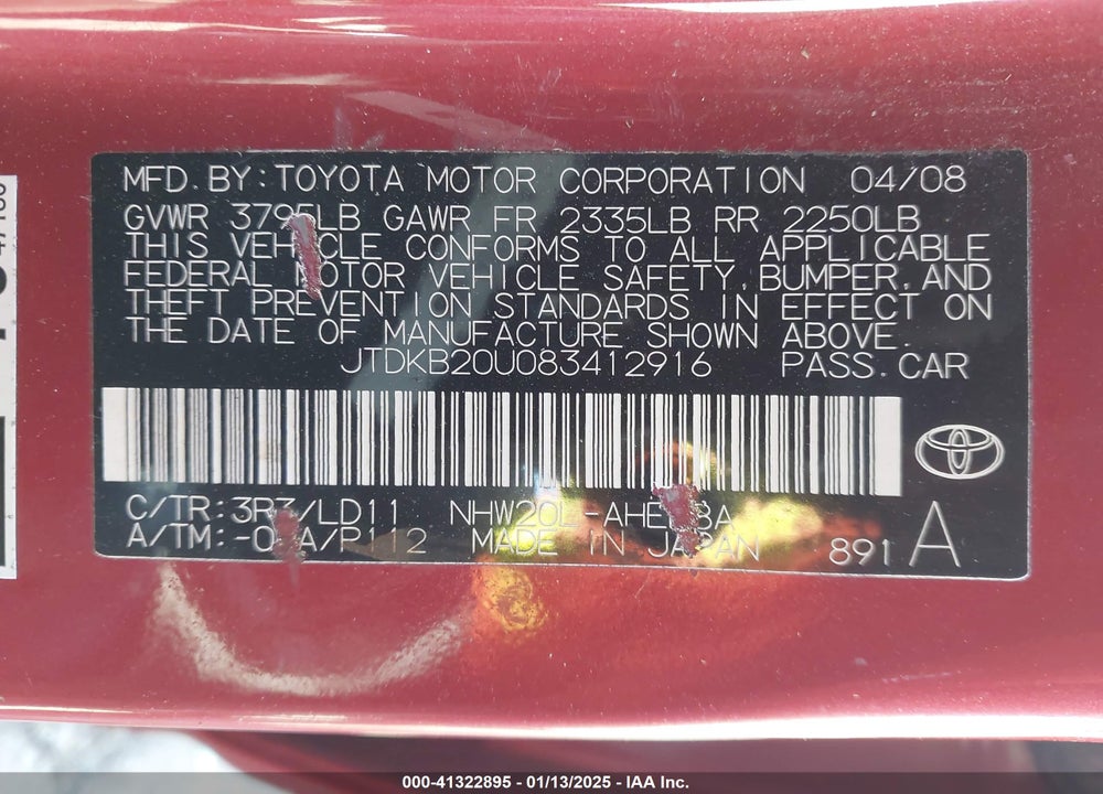 2008 TOYOTA PRIUS VIN: JTDKB20U083412916