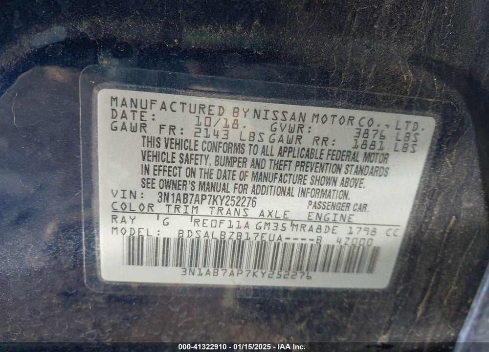 2019 NISSAN SENTRA VIN: 3N1AB7AP7KY252276