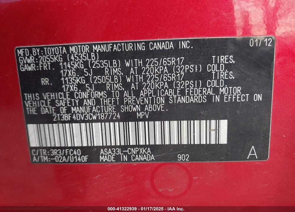2012 TOYOTA RAV4 VIN: 2T3BF4DV3CW187724