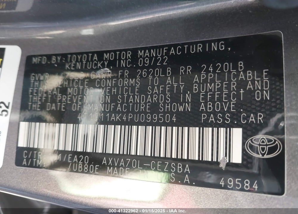 2023 TOYOTA CAMRY VIN: 4T1G11AK4PU099504