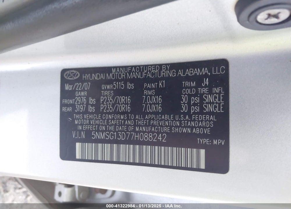 2007 HYUNDAI SANTA FE GLS VIN: 5NMSG13D77H088242