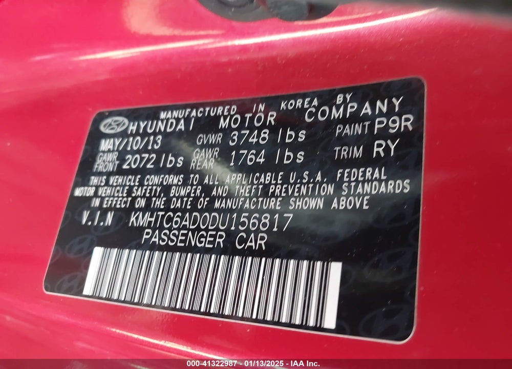 2013 HYUNDAI VELOSTER VIN: KMHTC6AD0DU156817