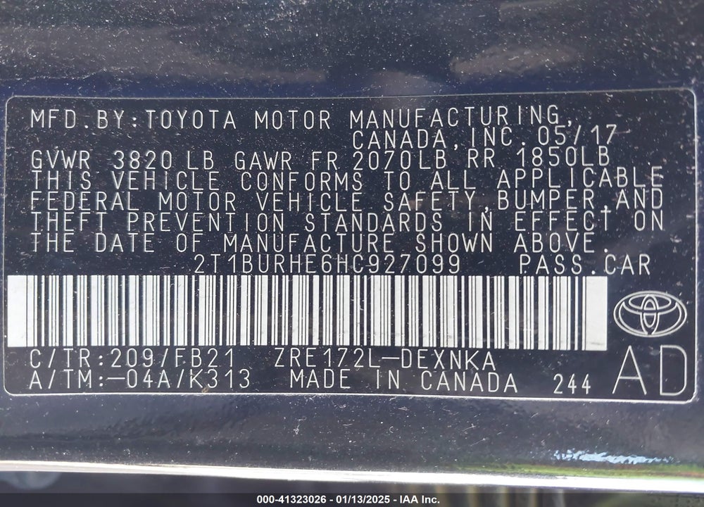 2017 TOYOTA COROLLA LE VIN: 2T1BURHE6HC927099