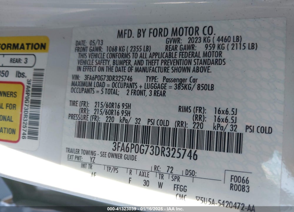 2013 FORD FUSION S VIN: 3FA6P0G73DR325746