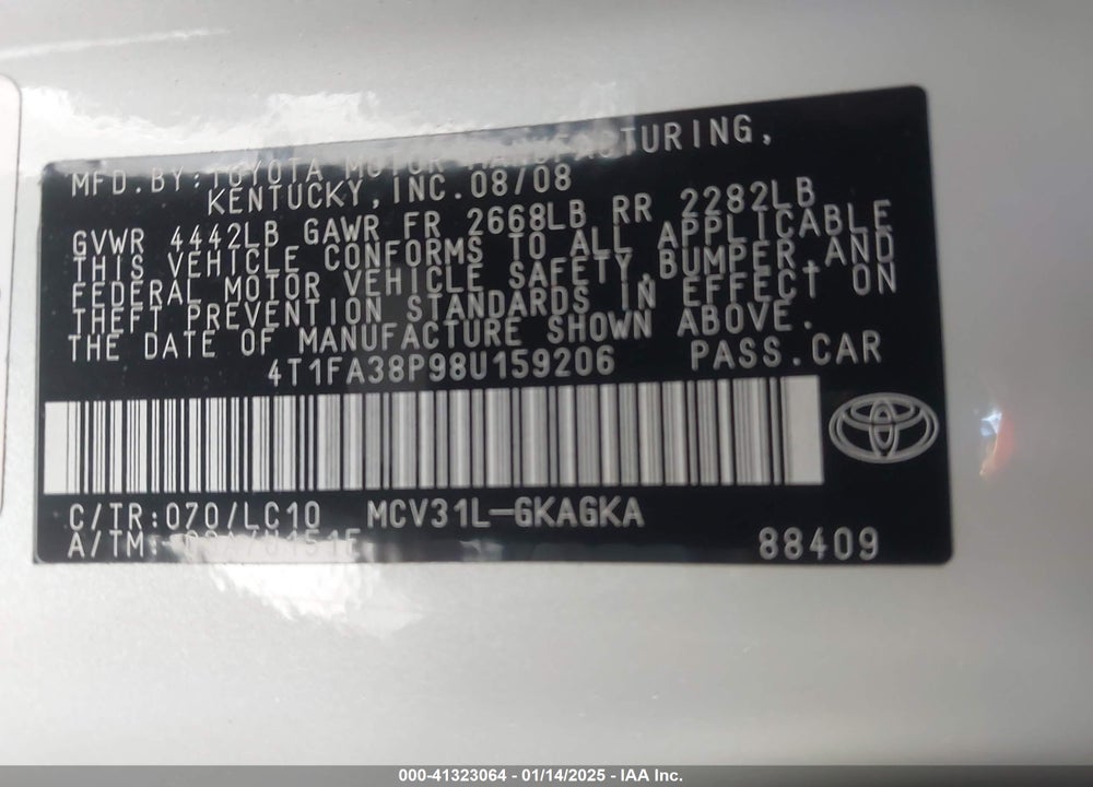 2008 TOYOTA CAMRY SOLARA SLE VIN: 4T1FA38P98U159206