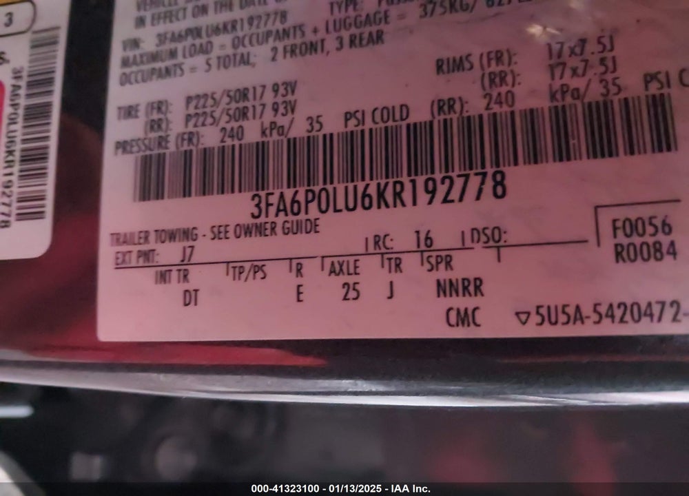 2019 FORD FUSION HYBRID SE VIN: 3FA6P0LU6KR192778
