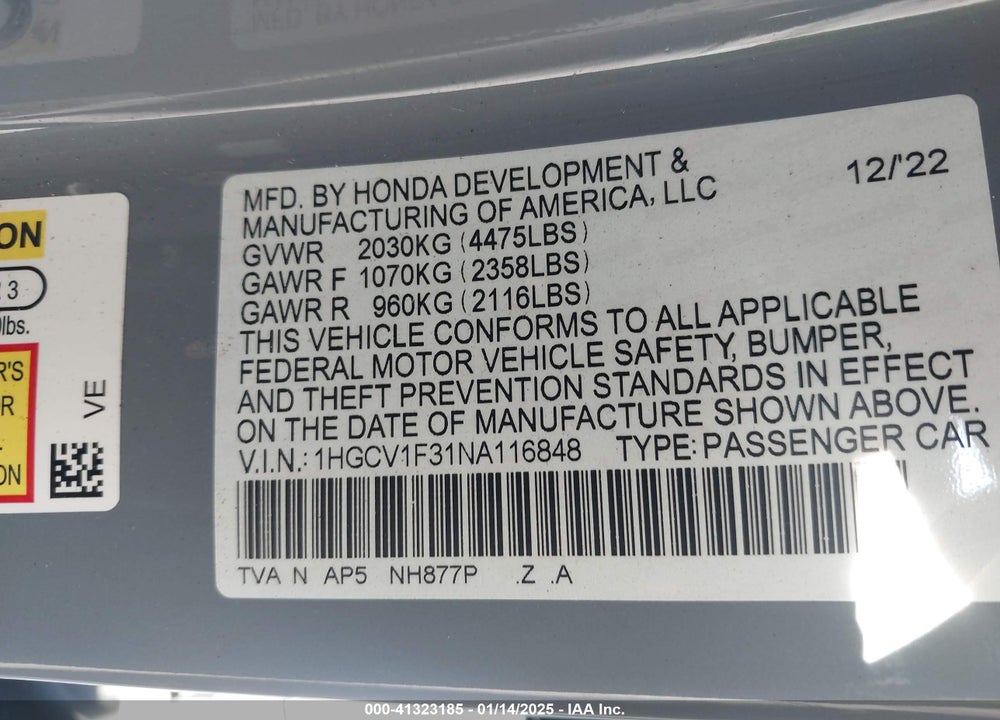 2022 HONDA ACCORD VIN: 1HGCV1F31NA116848
