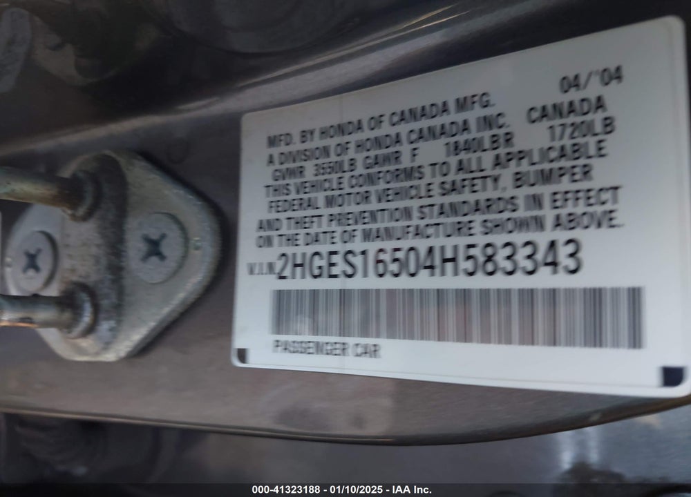 2004 HONDA CIVIC LX VIN: 2HGES16504H583343