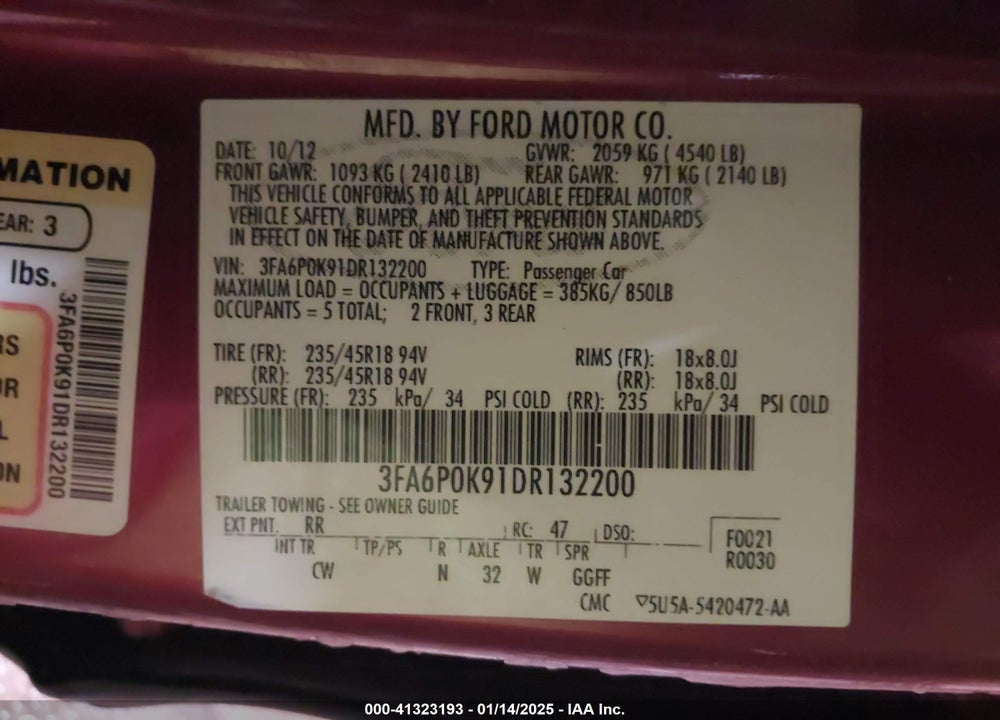 2013 FORD FUSION VIN: 3FA6P0K91DR132200