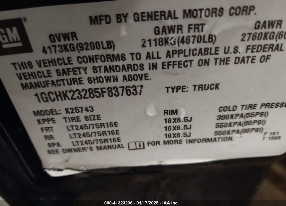 2005 CHEVROLET SILVERADO 2500HD LS VIN: 1GCHK23285F837637