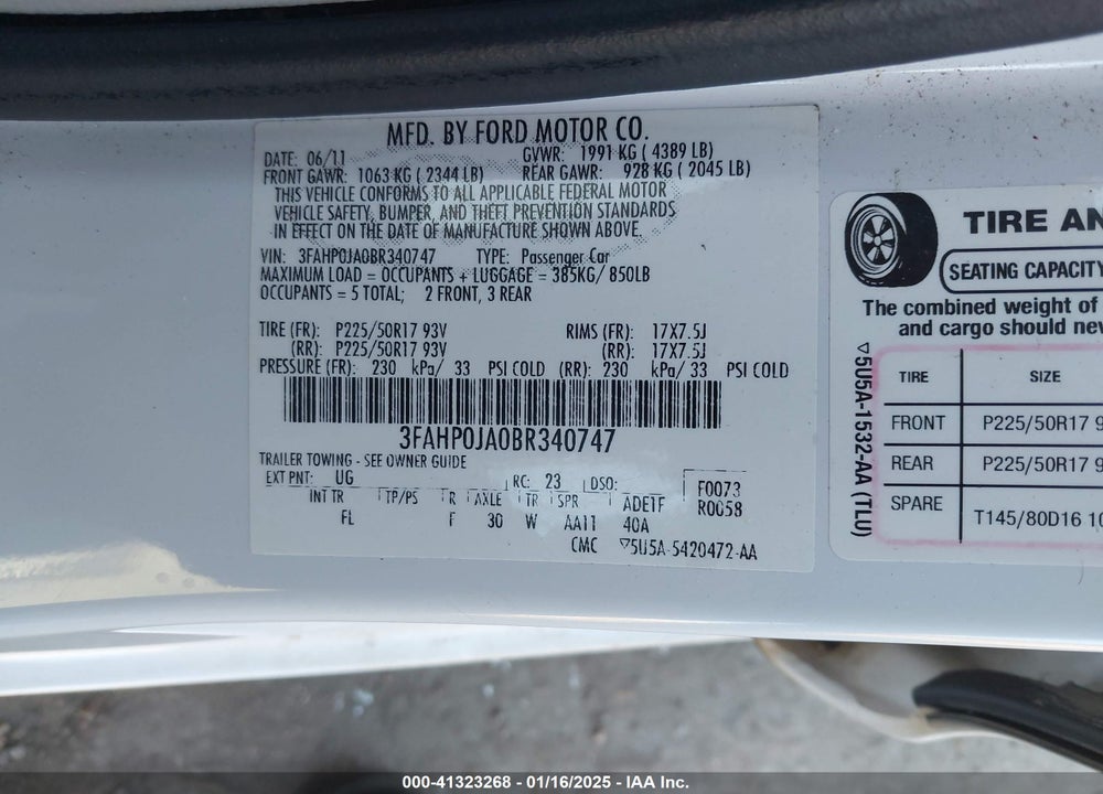 2011 FORD FUSION VIN: 3FAHP0JA0BR340747