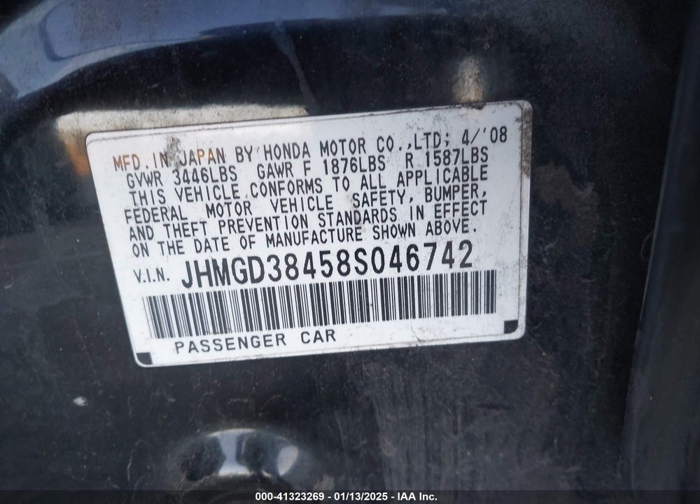 2008 HONDA FIT VIN: JHMGD38458S046742