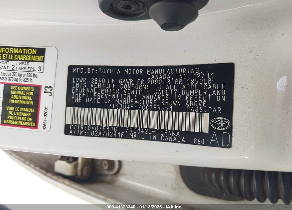 2012 TOYOTA COROLLA LE VIN: 2T1BU4EE7CC758551