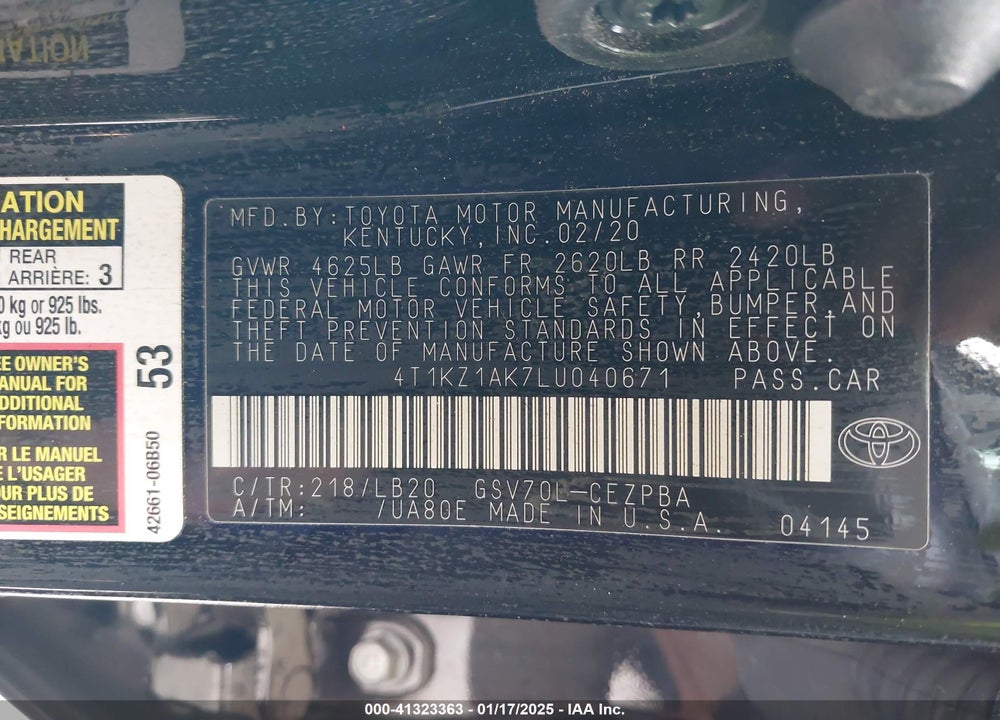 2020 TOYOTA CAMRY VIN: 4T1KZ1AK7LU040671