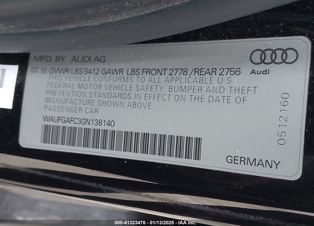 2016 AUDI A6 3.0T PREMIUM PLUS VIN: WAUFGAFC3GN138140