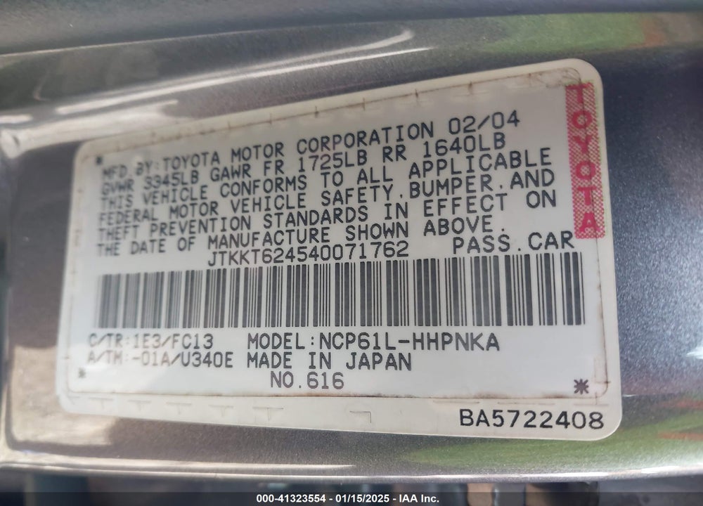 2004 SCION XA VIN: JTKKT624540071762
